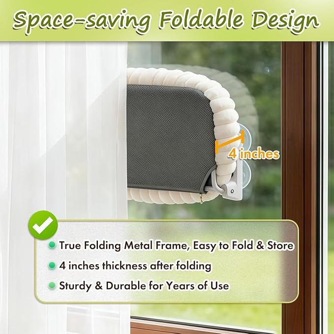Zoratoo 2PC Cat Window Perch with Bolster Foldable Cat Hammock Cushion Bed for Window with Metal Frame, Cloud-Cuddle Cordless Window Resting Seat for Indoor Cats (Cushion Bed, White-L)