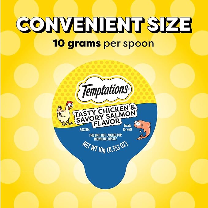 Temptations Lickable Spoons Adult Wet Cat Treat, Tasty Chicken and Savory Salmon Flavor, 10 Grams, Pack of 24 (96 Total Spoons)