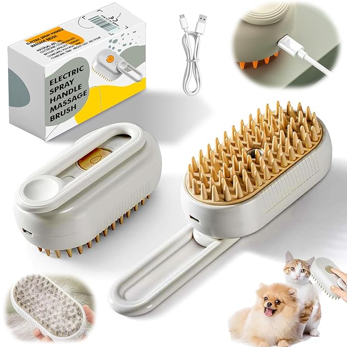 Cat Steam Brush for Shedding Cat Steam Brush Spritz Defur Comb for Cats With Shedding Steamy Pet Hair Brushes Indoor Steamer Dog Steaming Cepillo Para Gatos Con Vapor Misting Pets (White, 2pcs)1
