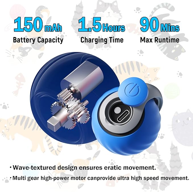 Interactive Cat Toy Ball - Automatic Interactive Cat Toys for Indoor Cats to Keep Them Busy, 2026 New Rechargeable 2 Speeds Enrichment Toys with 2 Tails, Smart Rolling Toy for Small/Medium/Large Cats
