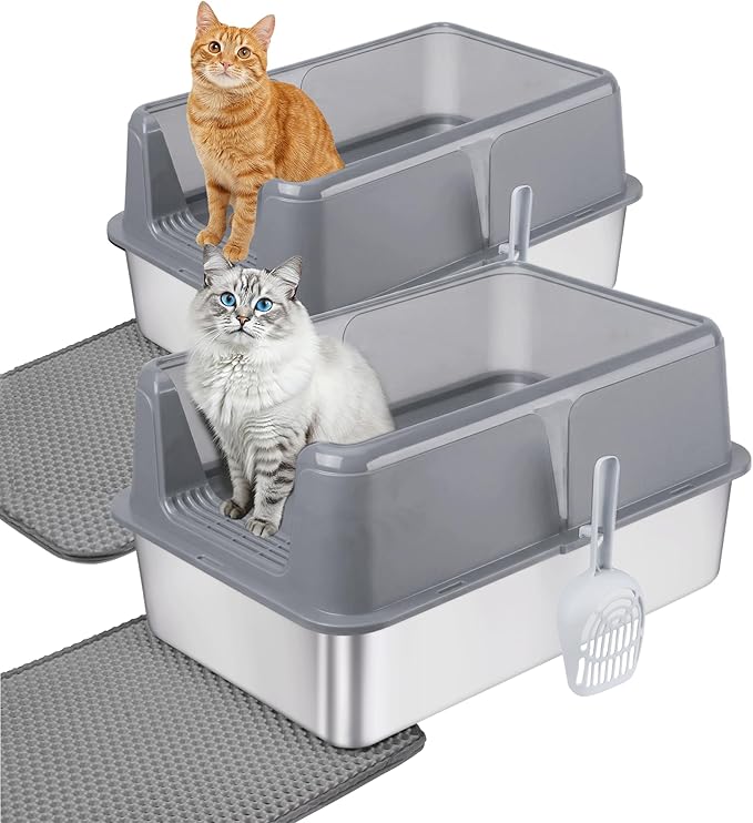 2 Pack Stainless Steel Cat Litter Box with Lid - XL Extra Large Enclosed Metal Litter Pan for Big Cats, High Sided Non-Stick Odor Resistant Anti-Urine Leakage, Easy Clean with Scoop & Mat, Gray