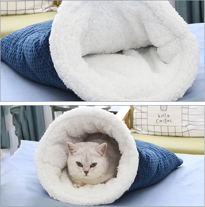 Hibycknl Cat Sleeping Bag - Soft Plush Large Self-Warming Bed for Winter, Cosy Cave 360 Wrap Comfortable Pet Snuggle Sack for Cats up to 6kg, Dark Blue