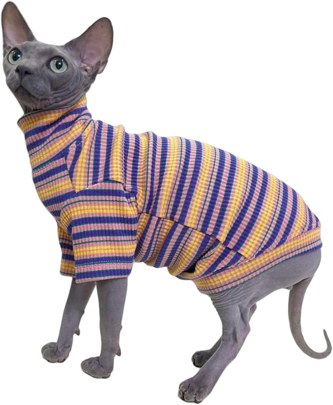 Turtle Neck Vintage Stripes Sphynx Hairless Cat Cotton T-Shirts Pet Clothes Vest Kitten Shirts Sleeveless, Cats & Small Dogs Apparel (Rose Garden, L (7-8.8 lbs))