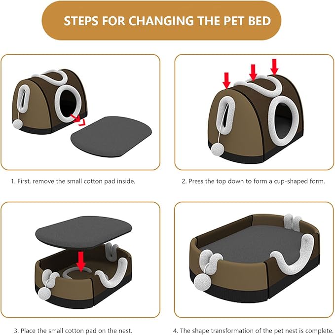 Enclosed House & Open Bed for Indoor Cats,Constant Modifiable Puss Bed with Removable Top Winter Season Double Manner Plan Revertible Pillow,Multi-Functional Pet Furniture with Scratch Pad