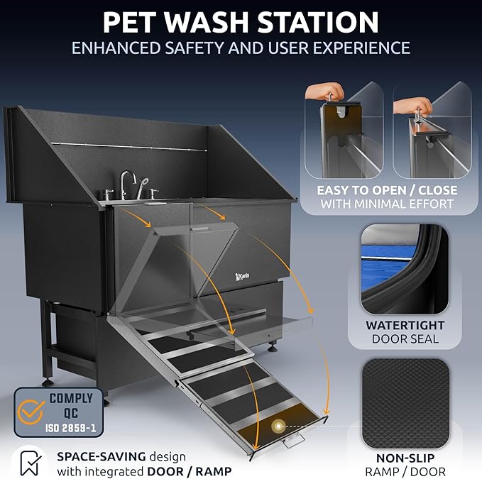 KANIS Professional Dog Washing Station 304 Stainless Steel Pet Wash Sink & Grooming Bathtub w/Shower, Floor Grates and Storage for Large, Medium & Small Pets (Black, 61 Inches, Left Ramp, 2 Drawers)