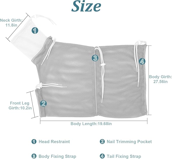 Cat Bathing Bag, Breathable Mesh Cat Shower Bag Anti Scratch Adjustable Washing Grooming Bag for Nail Trimming Polyester Soft