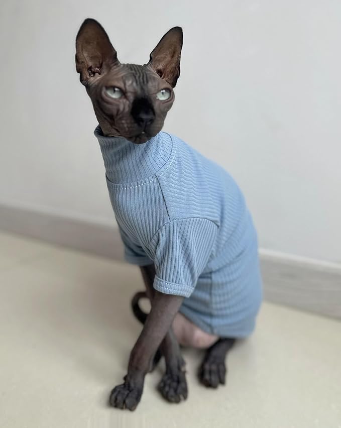 Sphynx Hairless Cats Shirt Cotton Cat Turtleneck Sweater Pullover Kitten T-Shirts with Sleeves Cat Pajamas Jumpsuit for Sphynx Cornish Rex, Devon Rex, Peterbald (X-Large (Pack of 1), Sky Blue)