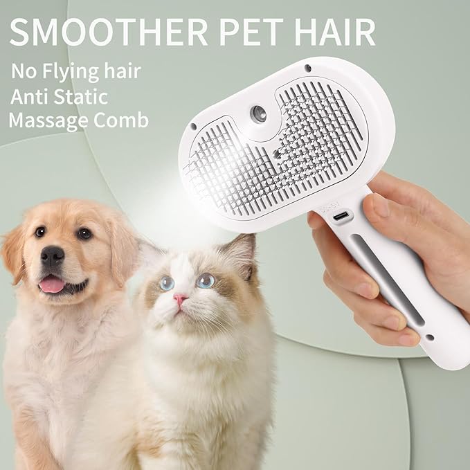 ORIGENCE Steam Brush for Long Haired Pets - Self Cleaning Grooming Tool for Cats and Dogs to Reduce Shedding, Static and Flying Fur, White