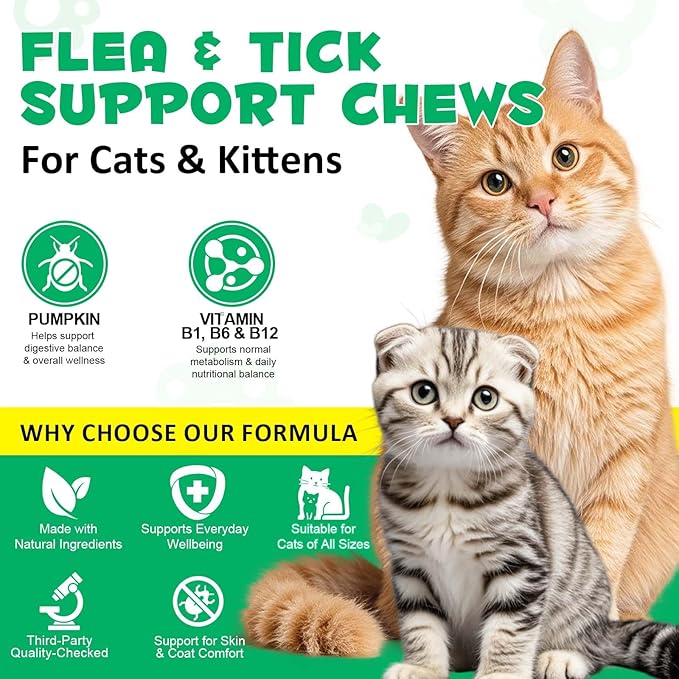 Specifically Formulated for Cats, Chewable Tablets for Cats & Kittens, Daily Support for Flea & Tick Defense, Immune Health & Gut Care, All Breeds & Ages, 30 Chewable Supplements