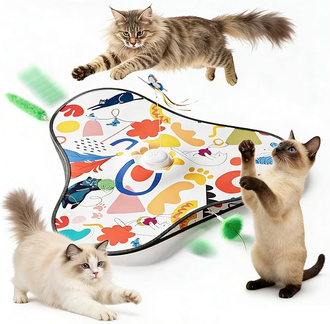 Interactive Cat Toys for Indoor Cats,3-in-1 Hide and Seek Cat Toy with Moving Concealed Wand Feather&Fluttering Butterfly,3 Prey Sounds，Auto Chargeable Play Mat for Bored Adult Cats&Kittens(White)