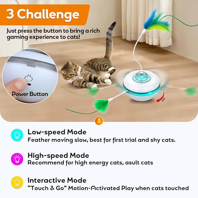 Cat Toys Interactive Cats Exercise Toys Spin Feather for Cats Like to Hunt, Touch Activate Mode Whack A Mole Felt Cover Toy