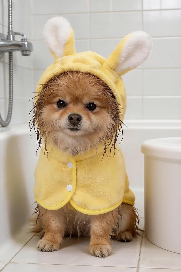 Pet Bathrobe for Dog Cat Super Absorbent Quick Drying Hooded Bath Towel Adjustable Robe for Pool Beach Cold Weather,Yellow S