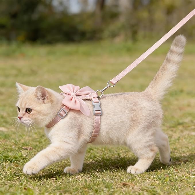 Tensho Pink Bow Cat Harness and Leash Set Escape Proof, Adjustable Kitten Harness with Leash, Bow Tie Cat Harness for Walking Outdoor - Soft Lightweight Harness for Small Dogs Cats Rabbits (S)