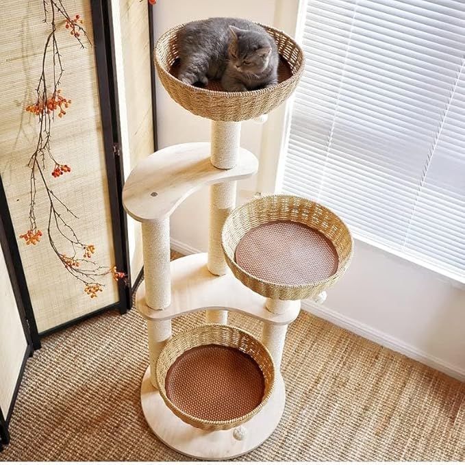 54" Modern Cat Tree for Large Cats, Wood Luxury Multi-Level Oak Solid Wood Cat Trees Cat Towers with 3 Rattan Weaving Cat Nests & Washable Cushions, Sisal Scratching Posts, for Indoor Cats-Lacquered
