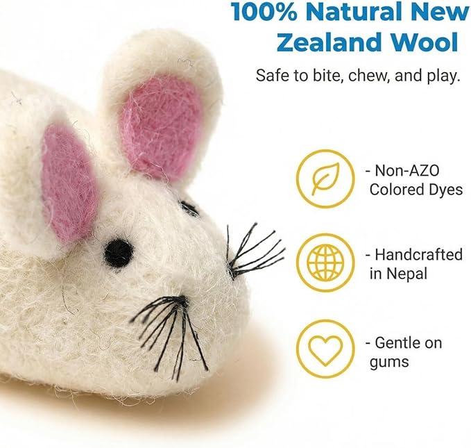 Glaciart One Felt Mouse Cat Toy – Soft Fuzzy Enrichment 100% Natural Wool - Interactive Catnip Play Cat Toy Set - Safe for Pets, Non-AZO Colored Dyes - 100” Long