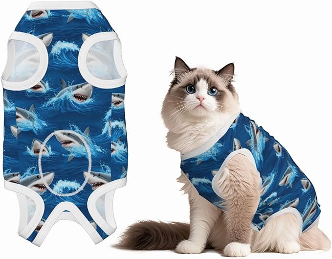 Dog Recovery Suit Breathable Cotton Abdominal Wounds Protection Ocean Sea Shark Anti Licking Onesies for Male Female Pets