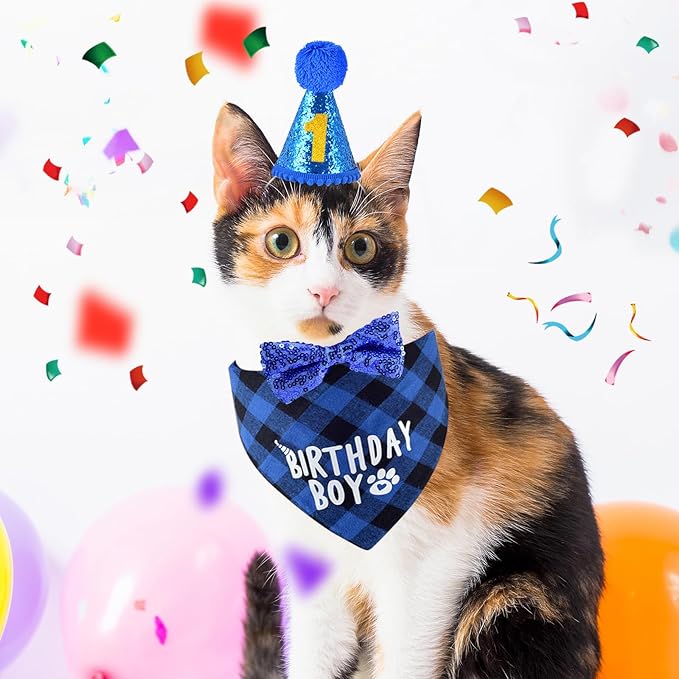 Cat Birthday Party Supplies, Cat Kitten Birthday Bandana Hat Numbers Bowtie for Cats Birthday Party Decorations