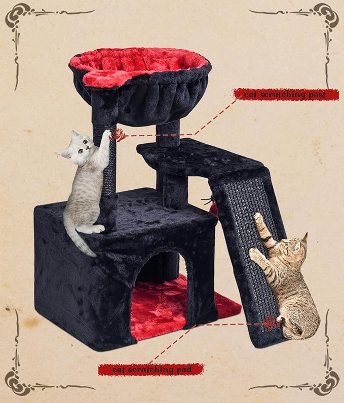SYANDLVY Gothic Cat Tree for Indoor Cats Large Adult, Modern Activity Tower with Scratching Posts & Board, Condo with Plush Perch, Cradle & Hanging Ball & Spider for Play, Black