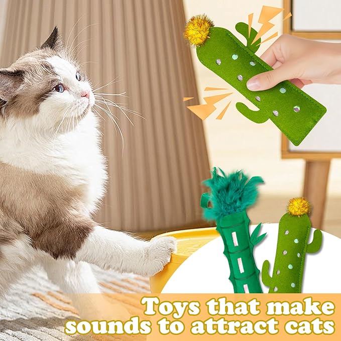 Andiker Catnip Toy for Cats, Cute Bamboo Shapes with Soft PP Cotton Bite-Resistant Cat Chew Toy with Catnip and Crinkle Paper Entertaining Interactive Cat Toy for Indoor Cats and Kitten (Cactus)