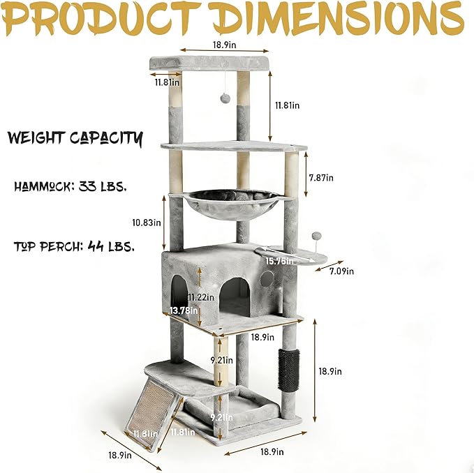 Cat Tree, 66 Inches Modern Cat Tower for Indoor Cats, Multi-Level Tall Cat Tree for Large Cats with Sisal-Covered Scratching Posts, Padded Platform, Hammock, and Condo, Grey