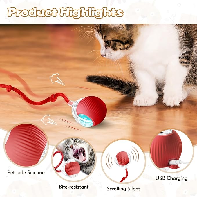 Interactive Cat Ball Toys for Indoor Cats, Peppy Pet Ball, 2025 Upgraded Automatic Kitten Toy for Bored Indoor Adult Cat, 360°Smart Rolling Toy (Red)