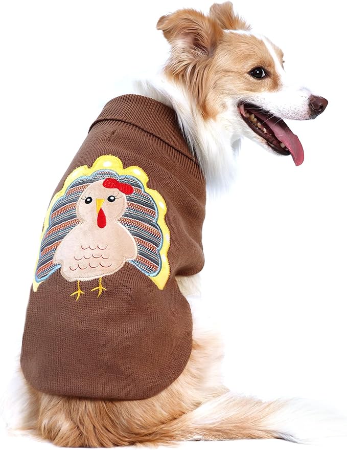 DELIFUR Thanksgiving Dog Sweater Dog Turkey Knit Sweater with Leash Hole Thanksgiving Outfit for Small Medium Dogs Fall Color (Brown1#, X-Large)