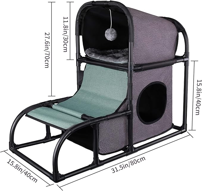 Goetland PVC Modern Cat Condo House Tree Medium Tower Bed Scratching Post Climber With Peek Hole and Dangling Ball for Kitty Indoors Dark Grey