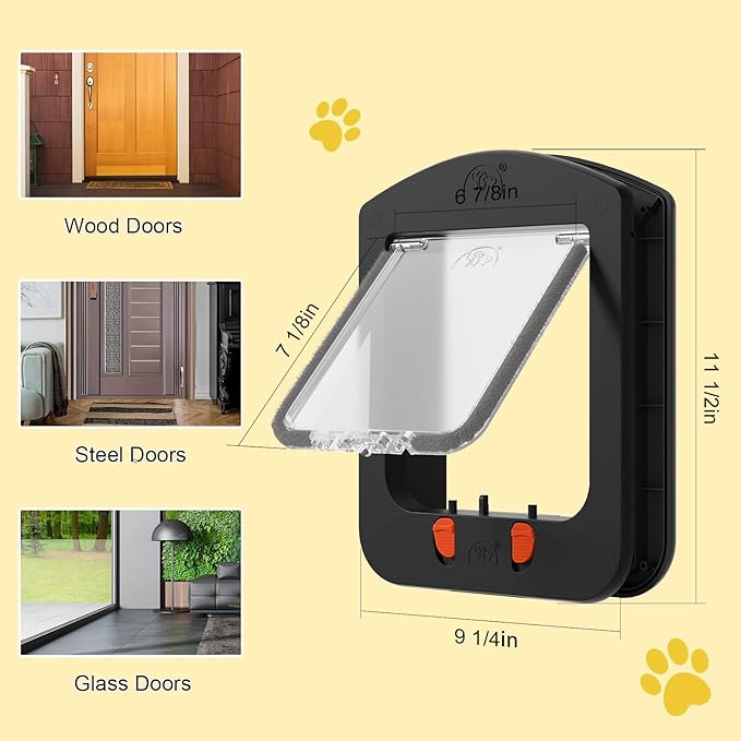 Cat Door for Interior Door and Exterior Door, Pet Door with Collar Sensor and 2pcs of Cat Magnetic Collars, 4 Way Locking Cat Door with Magnetic Flap, Black