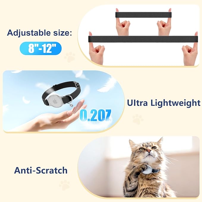 AirTag Cat Collar, Breakaway Air Tag Cat Tracker Collar with Integrated Airtag Holder Compatible with Apple Air Tag, Ultra Elastic & Comfortable Pet Tracking Collars for Cats Kittens (Black)