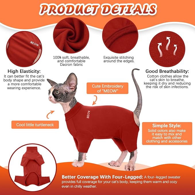 ROZKITCH Cat Sweaters for Cats, Breathable Soft Cat Jumpers for Cats Only, Cat Coat with Four Legs, Warm Sweater T-Shirt Pajamas Jumpsuit Vest Cornish Rex Devon Rex Peterbald Red L