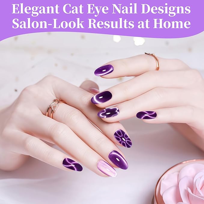 4 in 1 Nail Magnet, Cat Eye Gel Nail Polish Magnet for Nails, Compact Magnetic Nail Tool for French, Star & Cat Eye Designs, Strong Magnet Easy to Control for DIY Home & Nail Salon (HJ-NAT295-Purple)