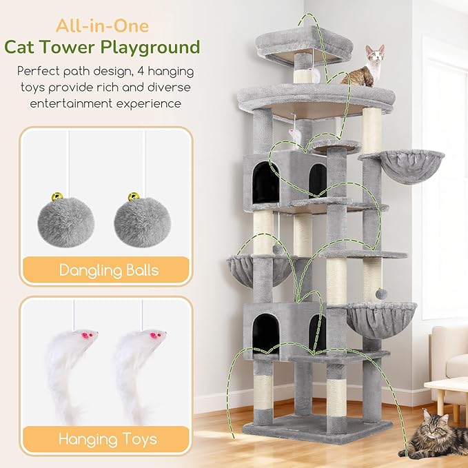 Globlazer Extra Large Cat Tree Tower, 82in Tall Heavy Duty Cat Tree for Indoor Cats Large Adult Big Cat Tower with 8 Scratching Posts, 2 Cat Condos, 2 Top Perches, 3 Hanging Baskets, S82, Light Grey