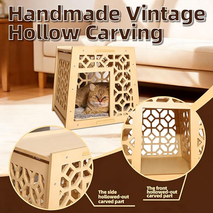 Indoor Solid Wood Cat House, Handcrafted Vintage Carved Hollow Design, Natural Wood Finish, Easy Assembly & Cleaning, Elegant Pet Shelter for Feline Friends