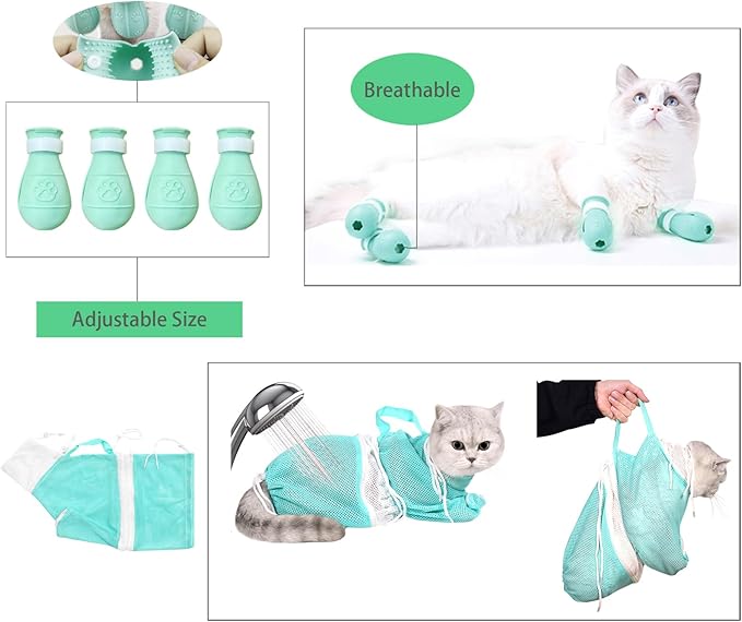 Anti-Scratch Silicone cat Shoes,Cat Claw Covers,Adjustable Multifunctional Anti-Bite Shower net Bag，Cat Grooming Mesh Bag,Cat Bathing Bag (Green-1)