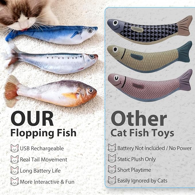Cat Toys Flopping Fish 3 Pack Rechargeable Cat Toys Interactive for Indoor Exercise with Catnip, Moving Cat Toy 3 Flapping Mode 7.1 Inches Electric Realistic Plush Wiggle Fish