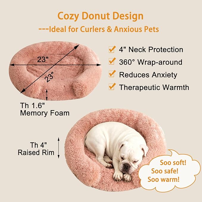 Calming Dog & Cat Beds with Orthopedic Egg-Crate Foam Raised Rim, Soft Fluffy Faux Fur Pet Bed for Small Medium Dogs, Anxiety Relief Spine Support, Machine Washable (Round, Blush Pink 23")