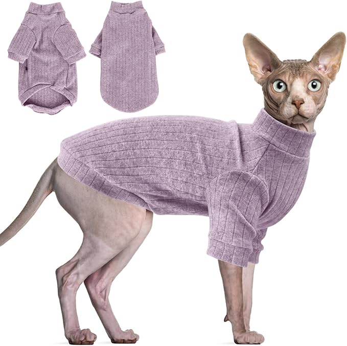 Idepet Sphynx Hairless Cats Sweater Shirt Kitten Soft Puppy Clothes Pullover Cute Cat Pajamas Jumpsuit Cotton Apparel Pet Winter Turtleneck for Cats and Teacup Chihuahua Small Dogs(Purple,XS)