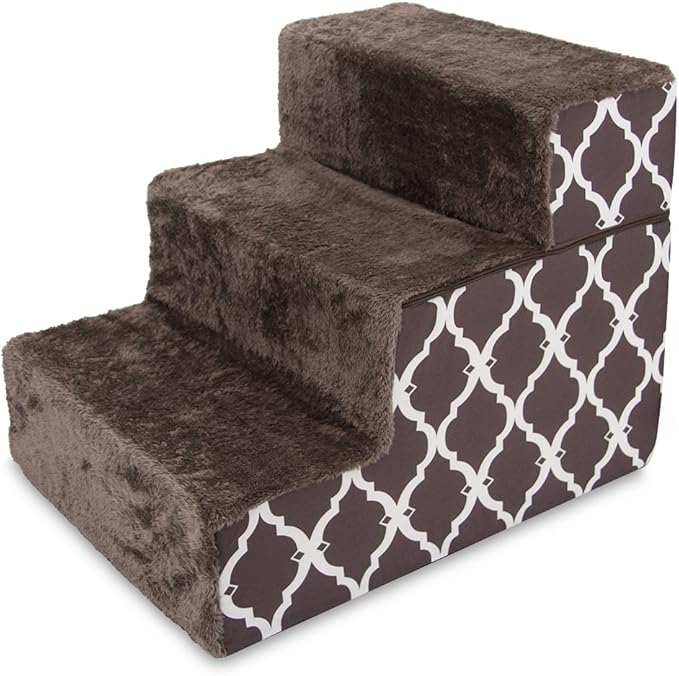 Best Pet Supplies Dog Stairs & Steps - Foam Steps for Small Dogs & Cats, Non-Slip Indoor Balanced Pet Step Support, Dog Ramp, No Assembly, Brown Lattice Print, Foldable 3-Step (16.5-inch Height)