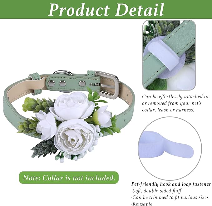 Pet Collar Flower Dog Wedding Flower Bow Tie Removable Floral Accessory for Dog Collar Elegant Rose Charm for Wedding Ceremony Puppies Cats Grooming, Pet Photo Prop (White)