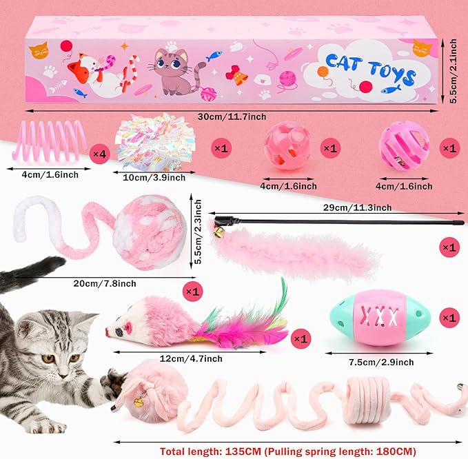 QUOZUO Pink Cat Toy Kitten Toys Set, Hanging Interactive Kitten Toys Wand Springs Mice Crinkle Balls and Pet Bell Balls Toys for Indoor Cats, 12Pcs Gift Box Styles (Pink)