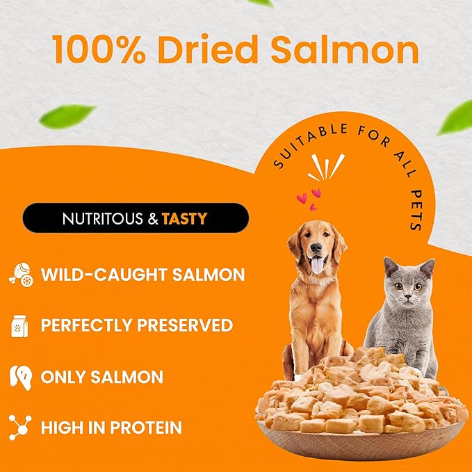 Freeze Dried Salmon Cat Treats | 100% Wild Caught Salmon Dog Treats, Grain- Free | High Protein, Single Ingredient Cat & Dog Food Toppers | No Additives or Preservatives | Tested in USA | 1.4 oz
