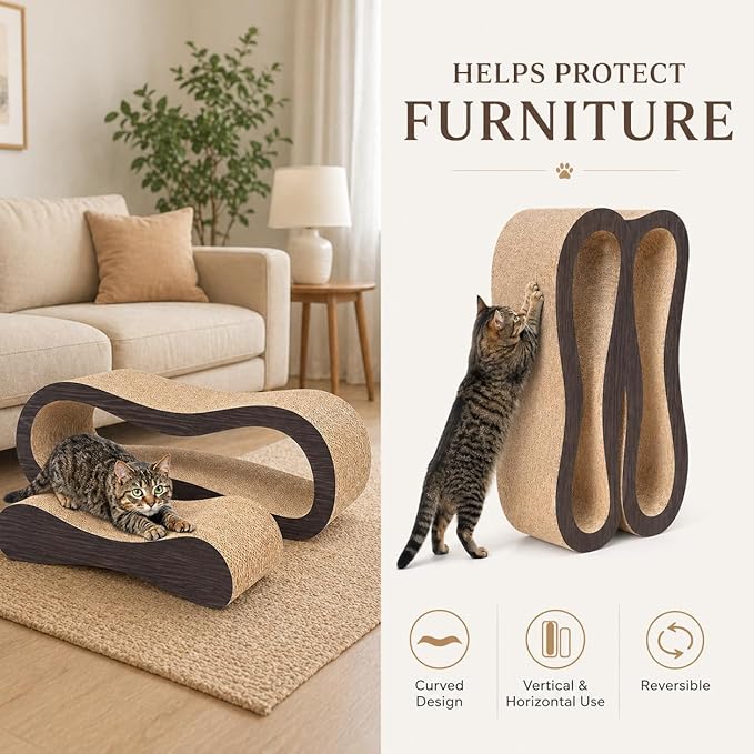 2 in 1 Large Cardboard Cat Scratcher Lounger，Cat Scratching Board for Indoor Cats,100% Recyclable&Reversible Horizontal Scratching Pads Prevents Furniture Damage,Brown