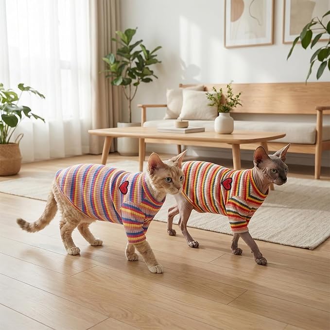 DENTRUN Hairless Cats Shirt Breathable Cat Daily Wear Clothes Stripe Vest Adorable Pajamas Jumpsuit Soft & Skin-Friendly