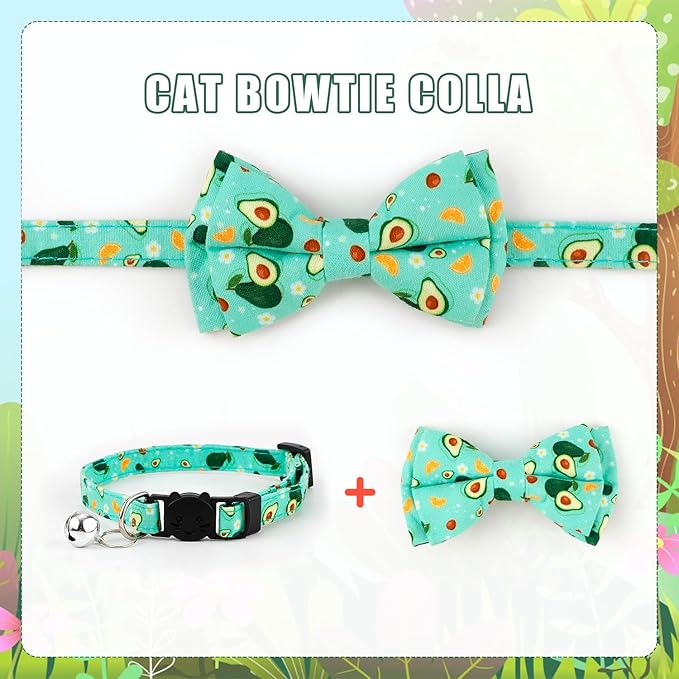 2pcs Summer Cat Collars, Cute Fruit Theme Cat Collar with Bowtie & Bell Adjustable Soft Cat Bow Tie Collar with Dragon Fruit Avocado Pattern for Girls Boys Kitten (Blue, Green)