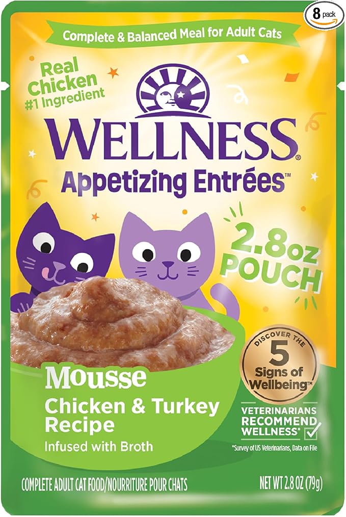 Wellness Appetizing Mousse Flaked Adult Wet Cat Food, Natural, Protein Rich, Grain Free, Chicken and Turkey Recipe, 2.8 oz, Pack of 8 Pouches