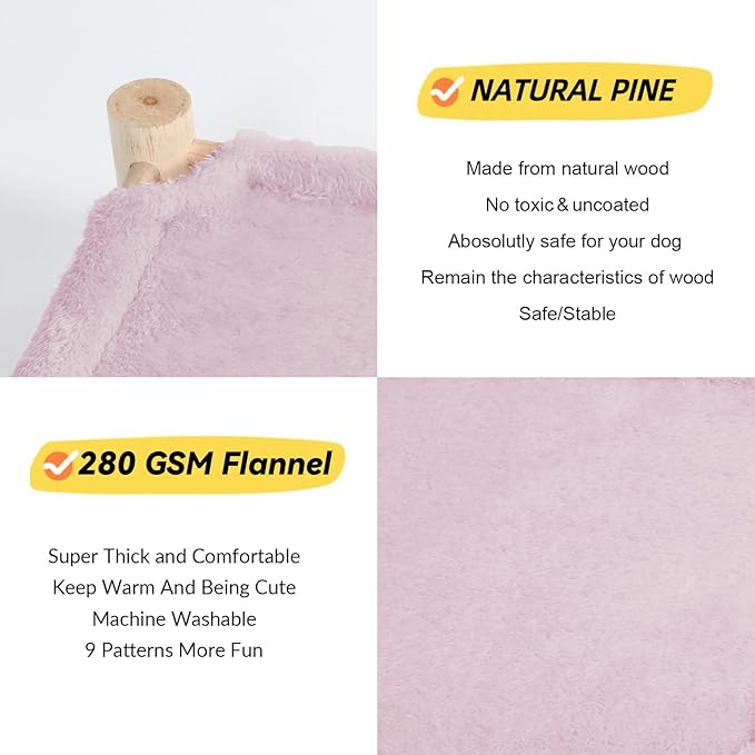 Patas Lague Cat and Dog Hammock Bed for Small Dogs, Brethable Wooden Cat Pet Rabbit Elevated Bed Cots Furniture for All Seasons Fleece Purple