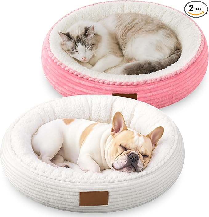 2 Pack Cat Beds for Indoor Cats 20 Inches Washable Round Donut Pet Bed Cushion Self Warming for Cats, Small Dogs, Puppy, and Kitten(Pink, White)