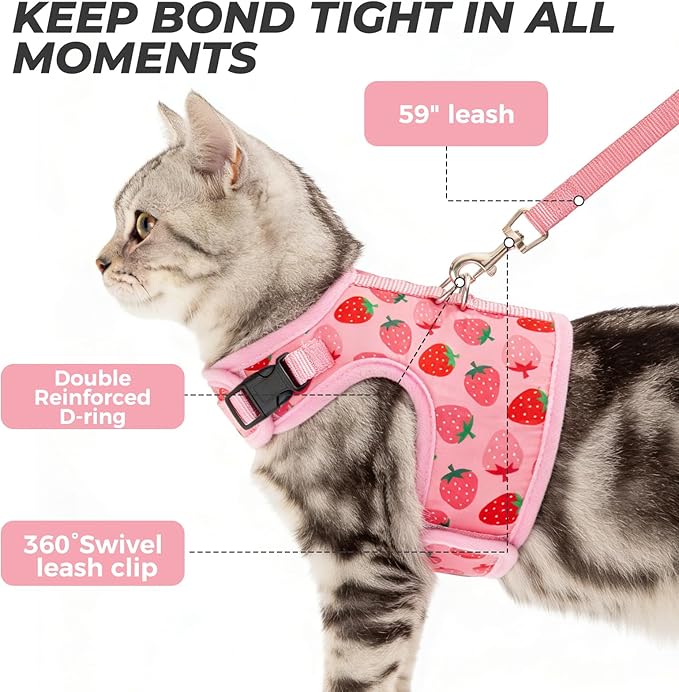 BINGPET Cat Harness and Leash Set Escape Proof, Fashionable Adjustable Mesh Harness for Walking, Soft Cute Breathable Easy Control Cat Vest for Kitten Puppy Small Medium Large Cats