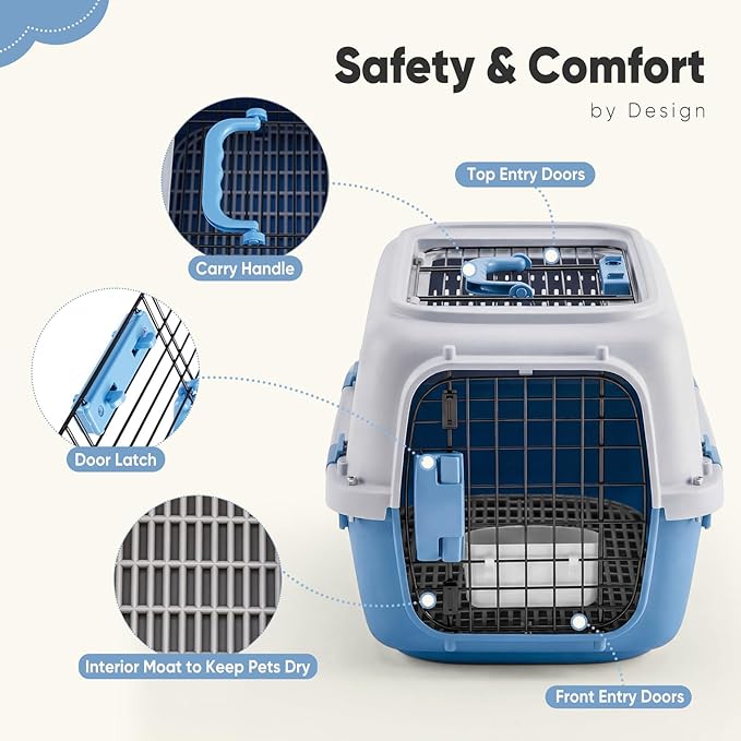 DUMOS 23" Hard-Sided Pet Carrier for Small Dogs & Cats, Airline Approved Travel Crate with Enhanced Security Latches, Front & Top Load Wire Door, Food Bowl for Traveling, Hiking, Camping (Grey&Blue)