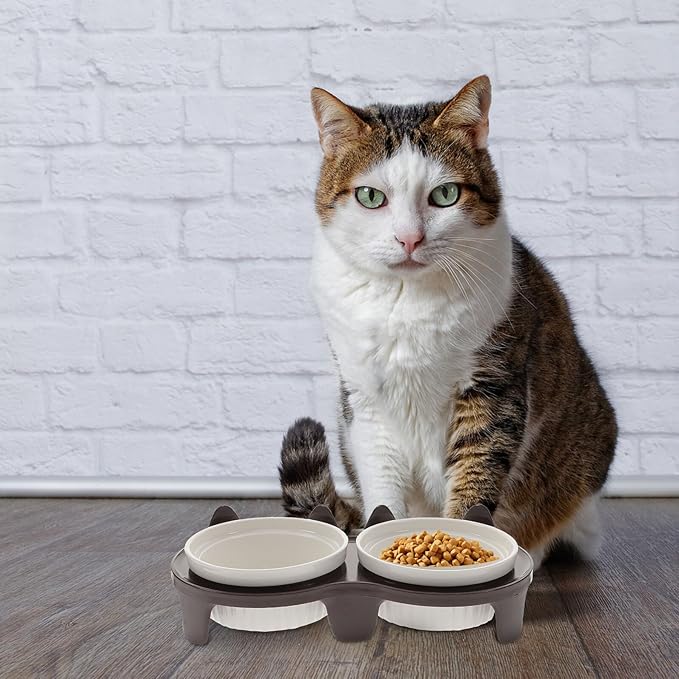 ERINGOGO Ceramic Elevated Cat Food Bowl Set with Anti-Slip Rack, Thickened Brown Double Bowls for Indoor Cats, Raised Floor Pet Feeding and Watering Station